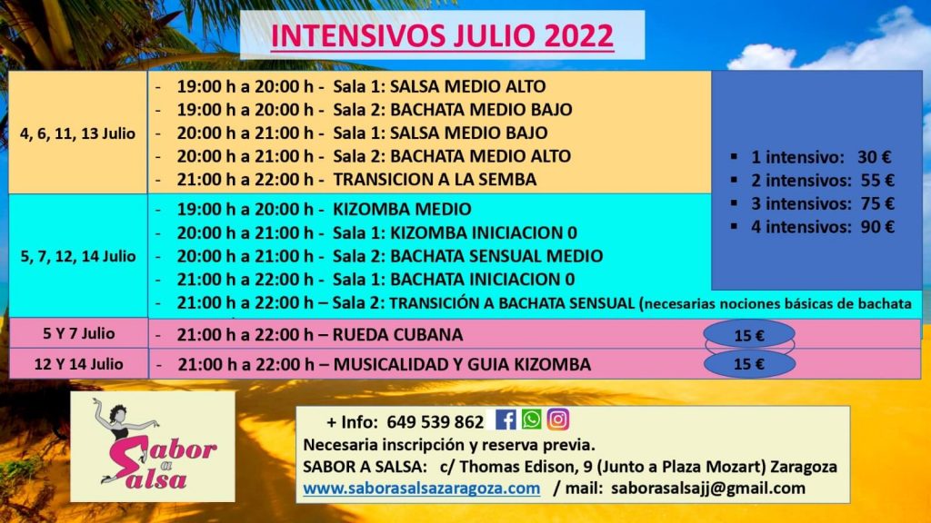 Horarios Intensivos de Iniciación a Salsa, Bachata y Kizombaen Julio del 2022